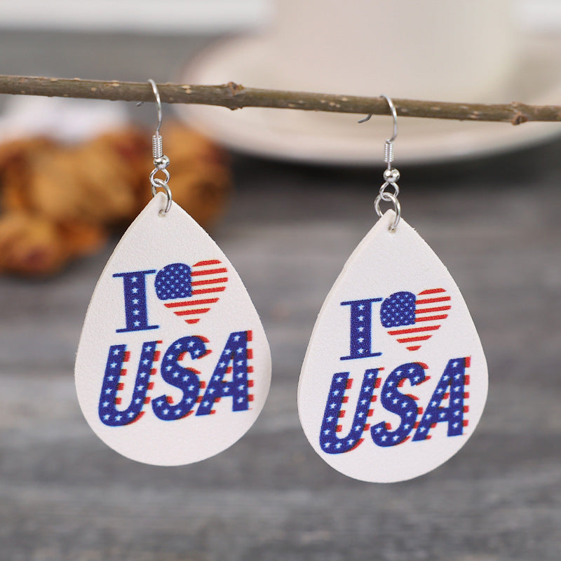 Venta al por mayor I Love USA Pendientes de cuero en forma de lágrima